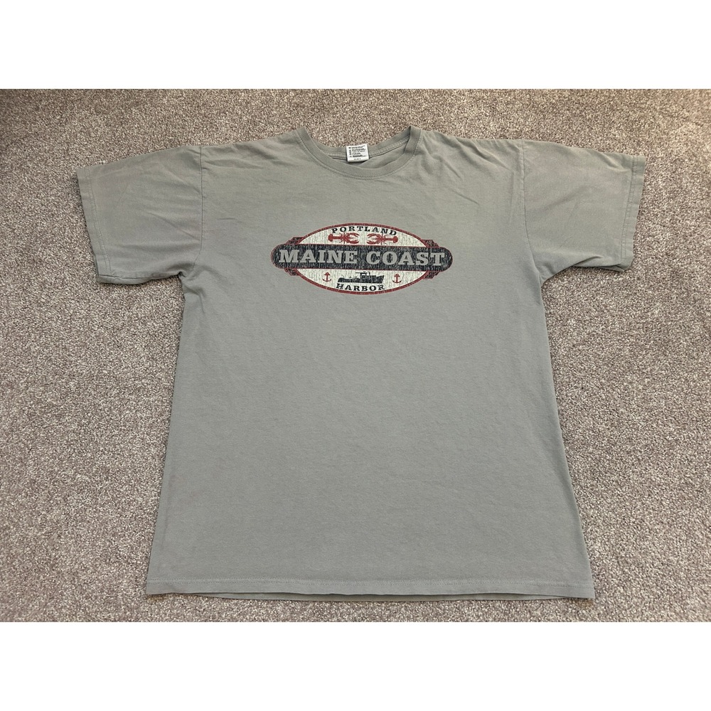 Anvil Maine Coast Harbor T-Shirt Mens Large Grey Excellent Distressed Graphic